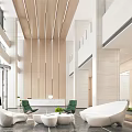 Modern Reception Lobby Interior With High Ceiling Wooden Panel Walls And Marble Flooring 3d model