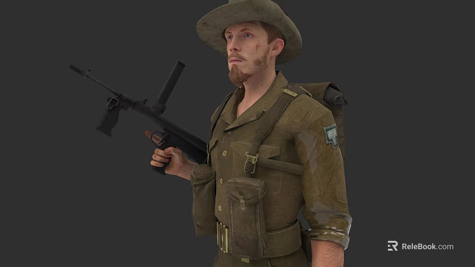 Man in Military Uniform Holding Rifle and Wearing Hat with Backpack 3d model 
