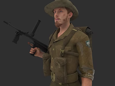 Man in Military Uniform Holding Rifle and Wearing Hat with Backpack 3d model