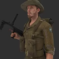 Man in Military Uniform Holding Rifle and Wearing Hat with Backpack