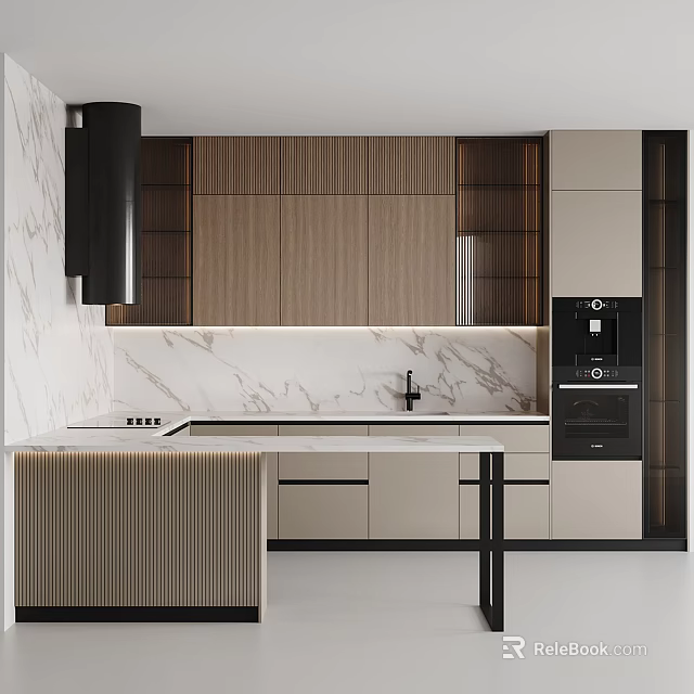 Modern Kitchen With Cabinets Island Counter And Oven 3d model