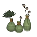 Green Glass Vases With Gold Accents And Lotus Buds With Palm Leaf For Home Decor