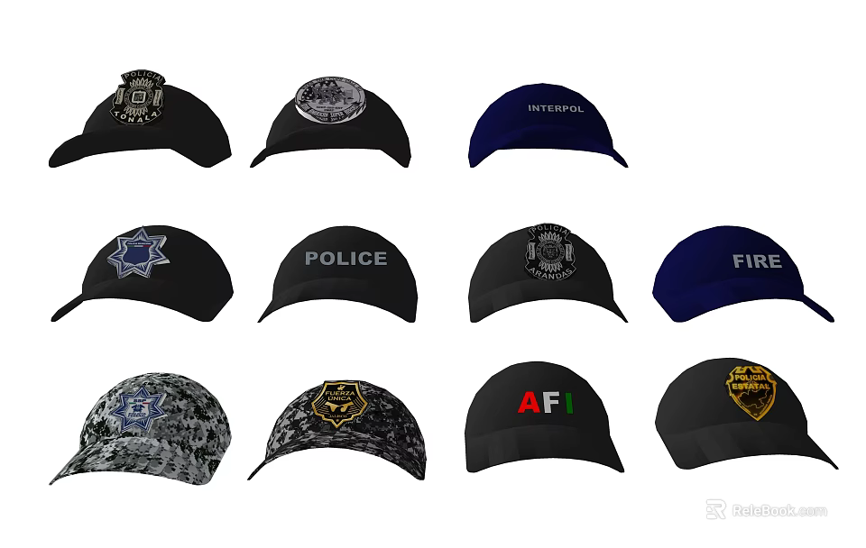 Variety of Baseball Caps with Different Logos Police Fire Emblems and Camouflage Patterns 3d model 