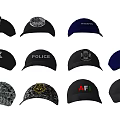 Variety of Baseball Caps with Different Logos Police Fire Emblems and Camouflage Patterns