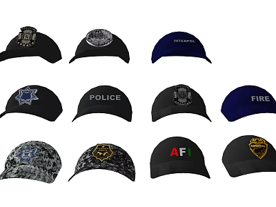 Variety of Baseball Caps with Different Logos Police Fire Emblems and Camouflage Patterns 3d model