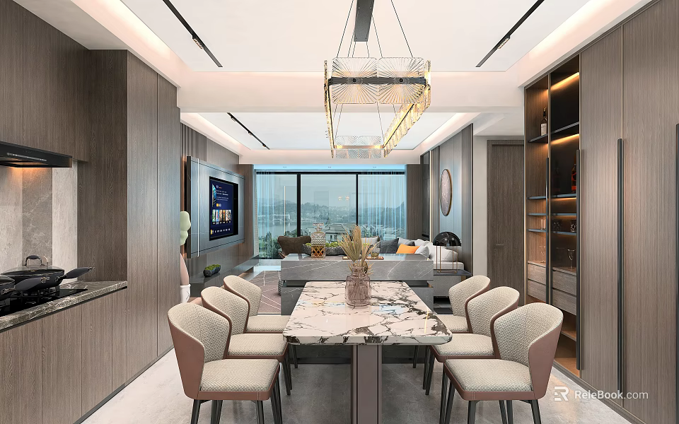 Modern Dining And Living Room Interior With Marble Table Crystal Chandelier And Sofa Area 3d model 
