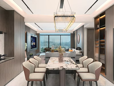Modern Dining And Living Room Interior With Marble Table Crystal Chandelier And Sofa Area 3d model