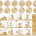 Golden Silhouettes of Animals and Human Figures with Circular Decorative Patterns and Designs