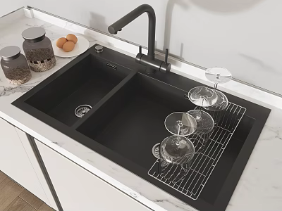 Modern Black Kitchen Faucet With Double Sink Marble Countertop And White Cabinets 3d model