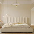Double Bed With Vertical Tufted Upholstered Headboard Neutral Bedding Warm Beige Wall And Pendant Lights