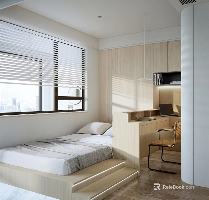 Modern Tatami Bedroom With Tatami Bed Venetian Blinds Wooden Desk And Wall Cabinet 3d model 