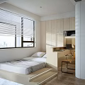 Modern Tatami Bedroom With Tatami Bed Venetian Blinds Wooden Desk And Wall Cabinet