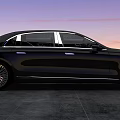 Black Luxury Sedan Parked On Gray Concrete Ground With Sunset Sky Background