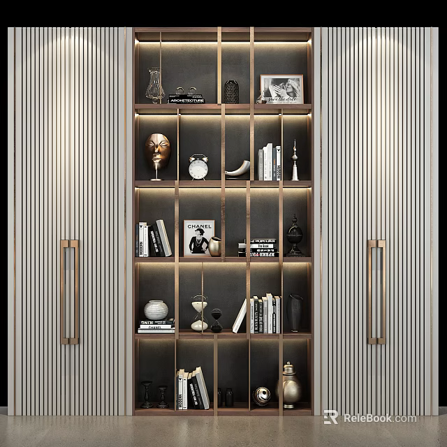 Elegant Modern Bookcase With Layered Shelves Books Clock And Decorative Sculptures 3d model 
