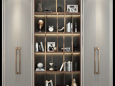 Elegant Modern Bookcase With Layered Shelves Books Clock And Decorative Sculptures 3d model