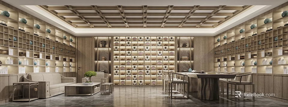 Traditional Chinese Specialty Store With Wooden Shelves And Tea Set Display In Elegant Interior 3d model 