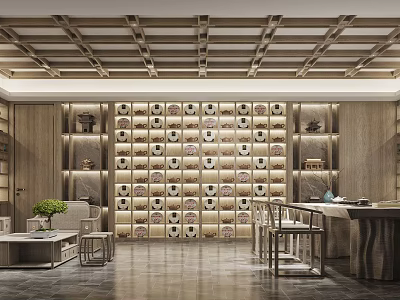 Traditional Chinese Specialty Store With Wooden Shelves And Tea Set Display In Elegant Interior 3d model