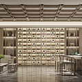 Traditional Chinese Specialty Store With Wooden Shelves And Tea Set Display In Elegant Interior