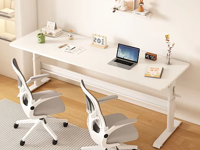 Modern White Desk Home Office With Laptop Calendar Plant Books Lamp And Two Ergonomic Chairs 3d model