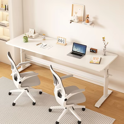 Modern White Desk Home Office With Laptop Calendar Plant Books Lamp And Two Ergonomic Chairs 3d model