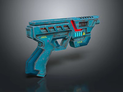 Futuristic Blue Sci Fi Gun With Red Accents And Yellow Warning Symbols 3d model