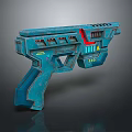 Futuristic Blue Sci Fi Gun With Red Accents And Yellow Warning Symbols