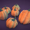 Fresh Ripe Orange Pumpkins With Green Stems Arranged On Purple Background