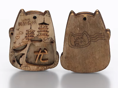 Cat Shaped Wooden Carvings with Suzhou Elements Traditional Patterns and Chinese Characters 3d model