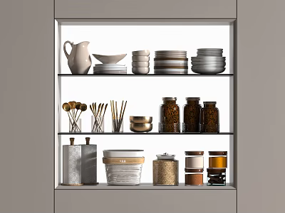 Neatly Arranged Glass Spice Jars on Kitchen Shelf with Plates and Utensils 3d model