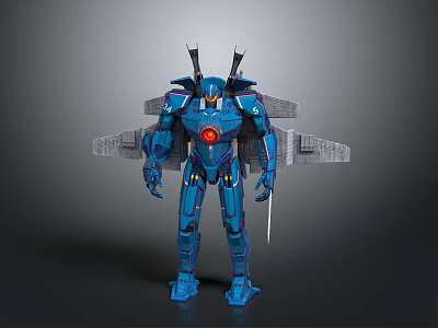 Blue Mechanical Robot With Winged Armor Red Core And Sword Weapon 3d model