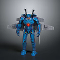 Blue Mechanical Robot With Winged Armor Red Core And Sword Weapon 3d model