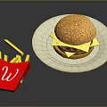 Delicious Cheeseburger With Sesame Bun On White Plate And Red Box Of Fries