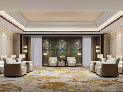 Hotel Public Lounge Area Elegant Modern Interior With Comfortable Seating Decorative Lamps And Patterned Carpet 3d model