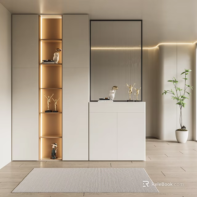 Modern Minimalist Shoe Cabinet With Golden Accents And Storage Shelves In Entryway 3d model 