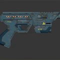 Futuristic Blue Sci Fi Gun With Red Accents And Yellow Warning Symbols