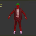 Man in dark blue suit white shirt red shoes with arms outstretched against gray background