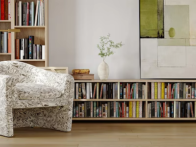 Cozy Stylish Study Room Interior With Bookshelves Books Patterned Armchair Decorative Vase And Wall Art 3d model