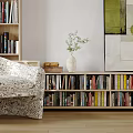 Cozy Stylish Study Room Interior With Bookshelves Books Patterned Armchair Decorative Vase And Wall Art