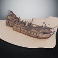 Vintage Wooden Ship Model With Detailed Masts And Classic Hull Design On Display Base