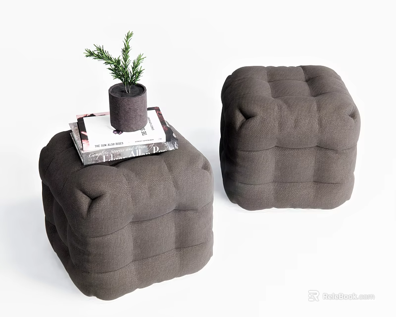 Two Dark Gray Ottoman Poufs With Magazine And Small Potted Plant On Top 3d model 