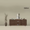 Minimalist Modern Entryway Cabinet Sideboard Brown Wooden With Decorative Vase Picture Frame On Beige Wall
