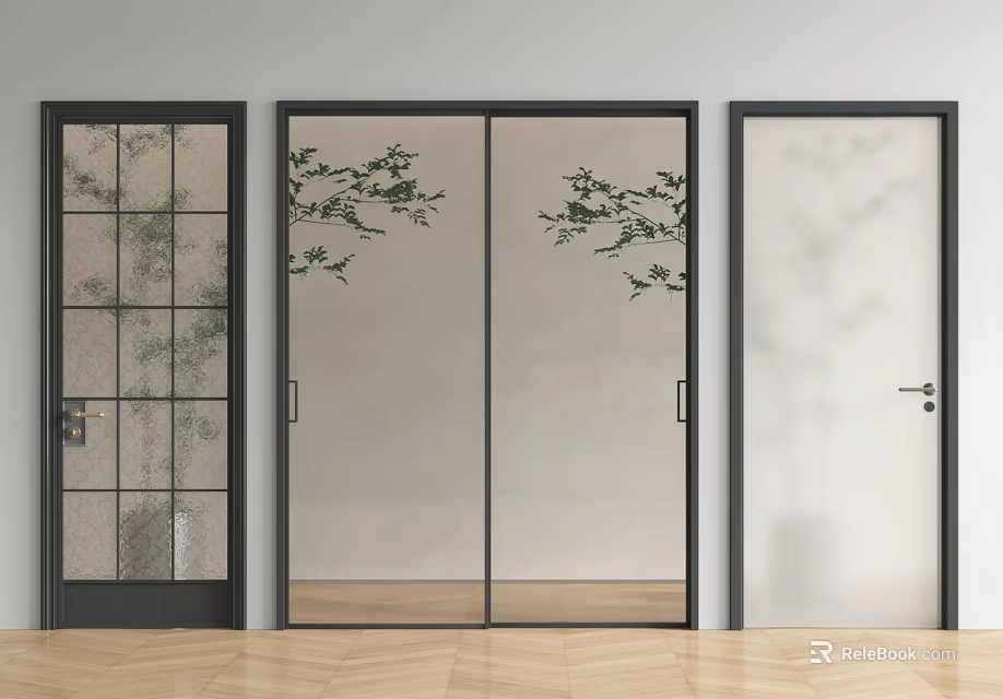 Modern Hinged Doors With Glass Panels And Tree Branch Patterns For Interior 3d model