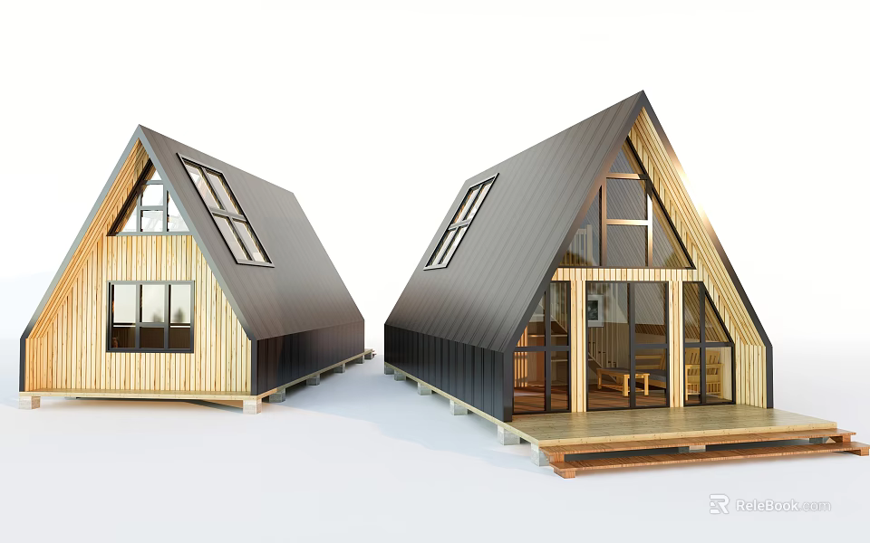 A Frame Wooden House With Black Roof Large Windows And Front Deck 3d model 