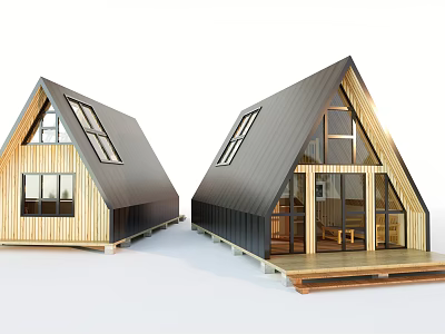 A Frame Wooden House With Black Roof Large Windows And Front Deck 3d model