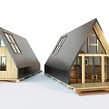 A Frame Wooden House With Black Roof Large Windows And Front Deck