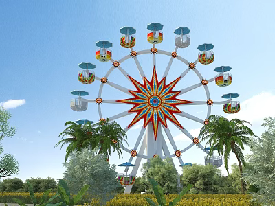 Colorful Ferris Wheel Amusement Ride With Star Shaped Center And Palm Trees 3d model