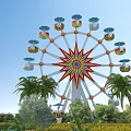Colorful Ferris Wheel Amusement Ride With Star Shaped Center And Palm Trees