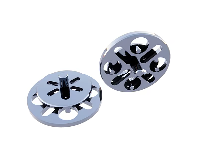 Two Silver Metal Mechanical Parts With Multiple Holes And Central Design 3d model
