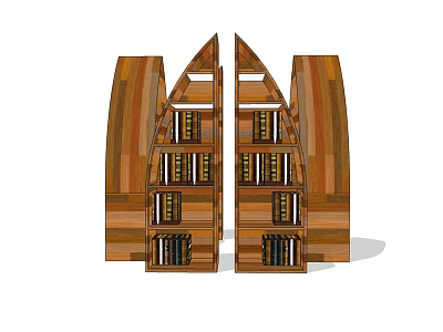 Open Wooden Bookcase With Symmetric Curved Sides And Layered Book Storage Shelves 3d model