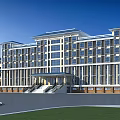 Modern Multi story Office Building With Large Windows And Front Entrance Plaza